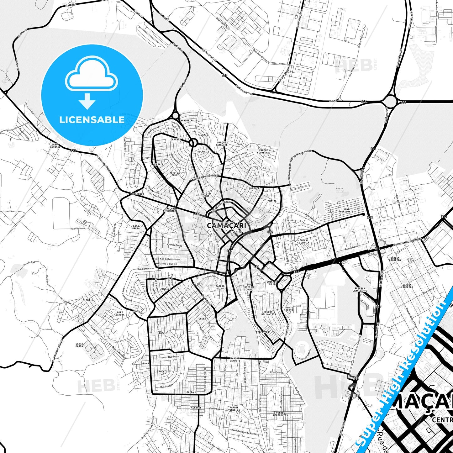 Camacari, Brazil Light Map with Street Names, City Names, and Districts