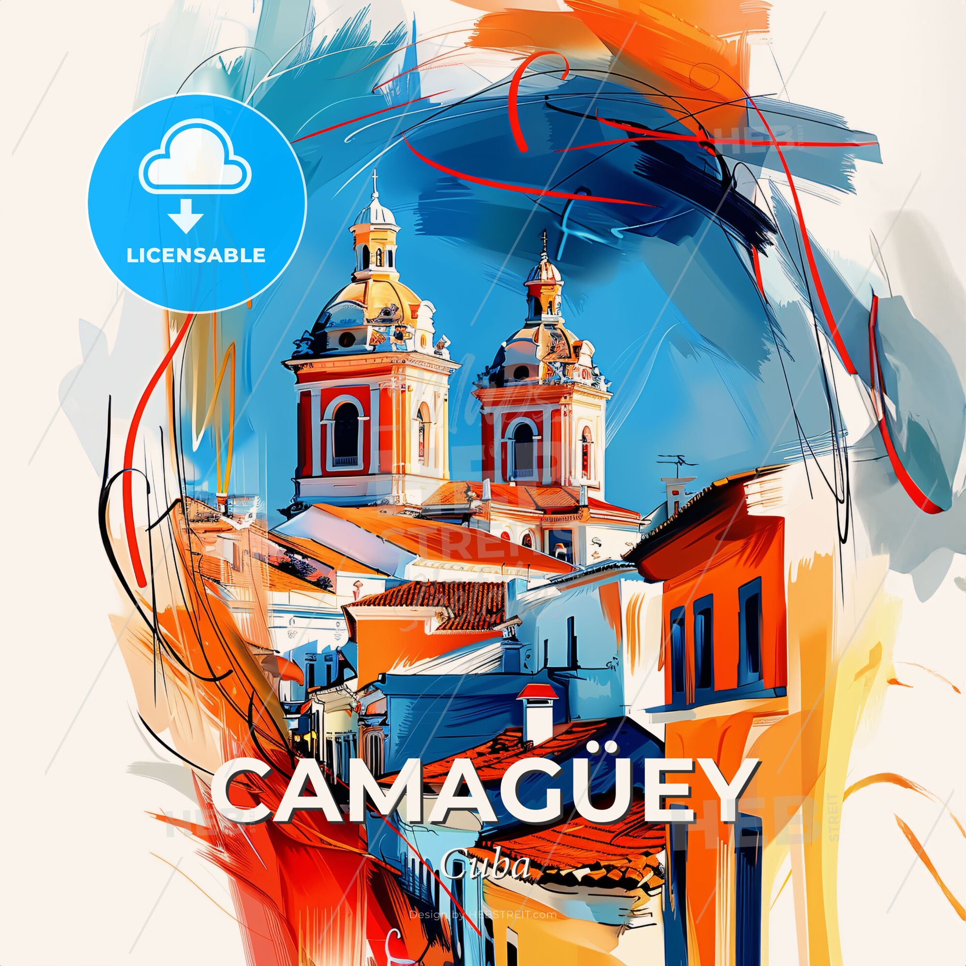 Vibrant Camagüey, Cuba - A Painting Of A Building With Orange Roofs - Square format print template