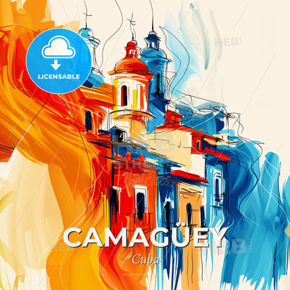 Vibrant Camagüey, Cuba - A Painting Of A Building - Square format print template