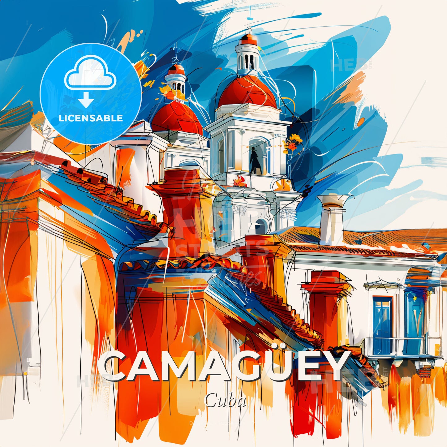 Vibrant Camagüey, Cuba - A Painting Of A Building With Red And Blue Roofs - Square format print template