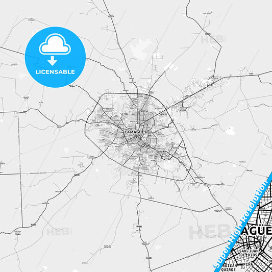 Camagüey, Cuba light map with streetnames, citynames and districts