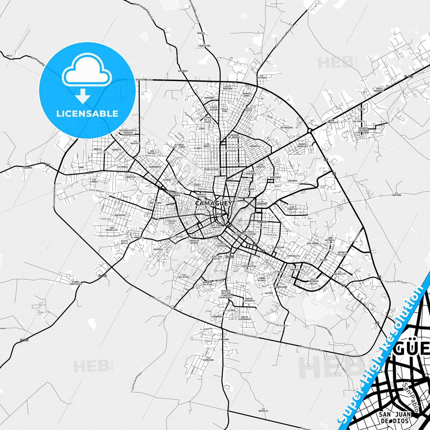 Camagüey, Cuba Light Map with Street Names, City Names, and Districts