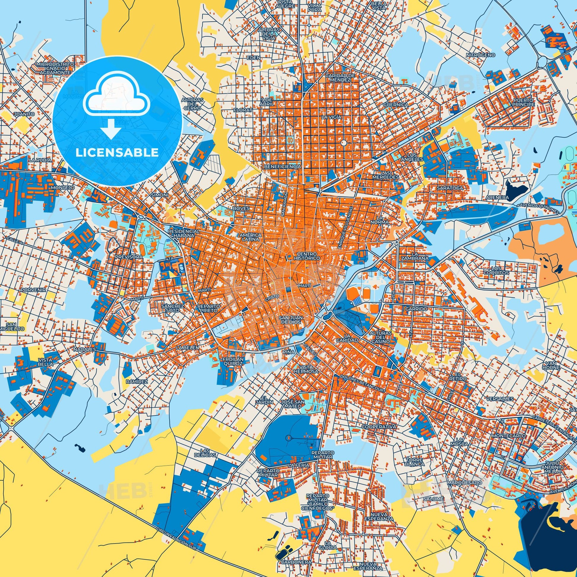 Colorful Camagüey Street Map with Labels and Buildings
