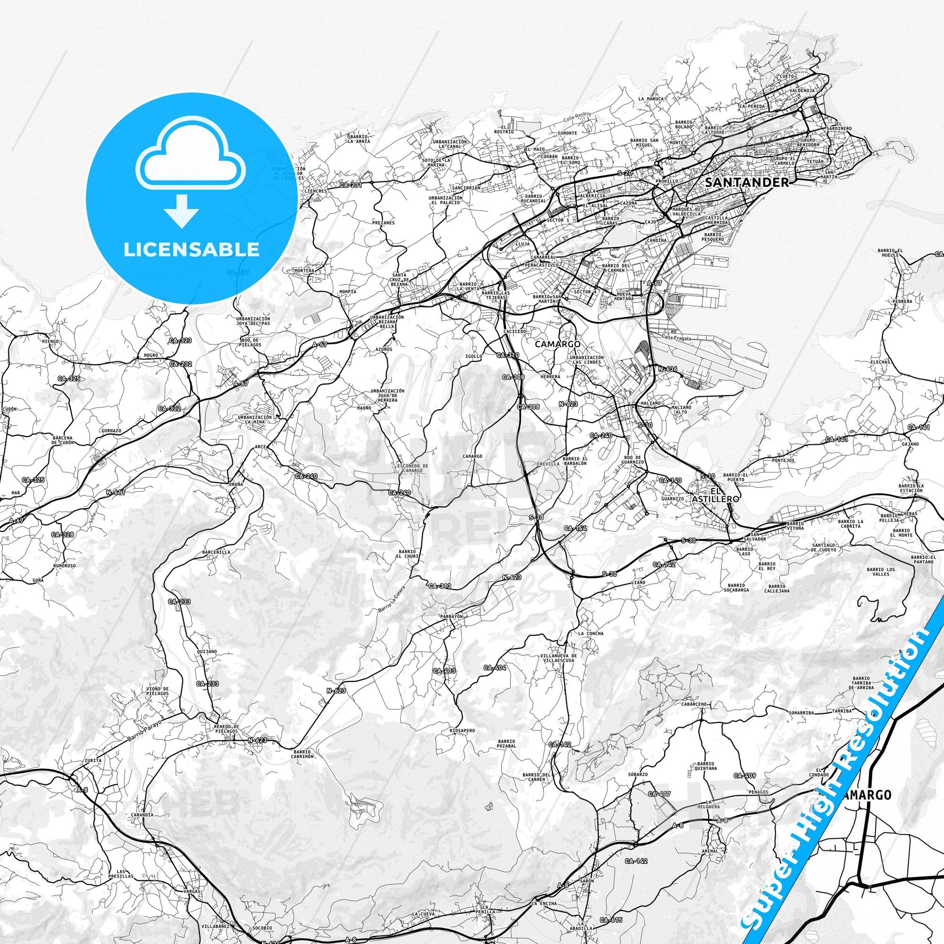 Camargo, Spain light map with streetnames, citynames and districts