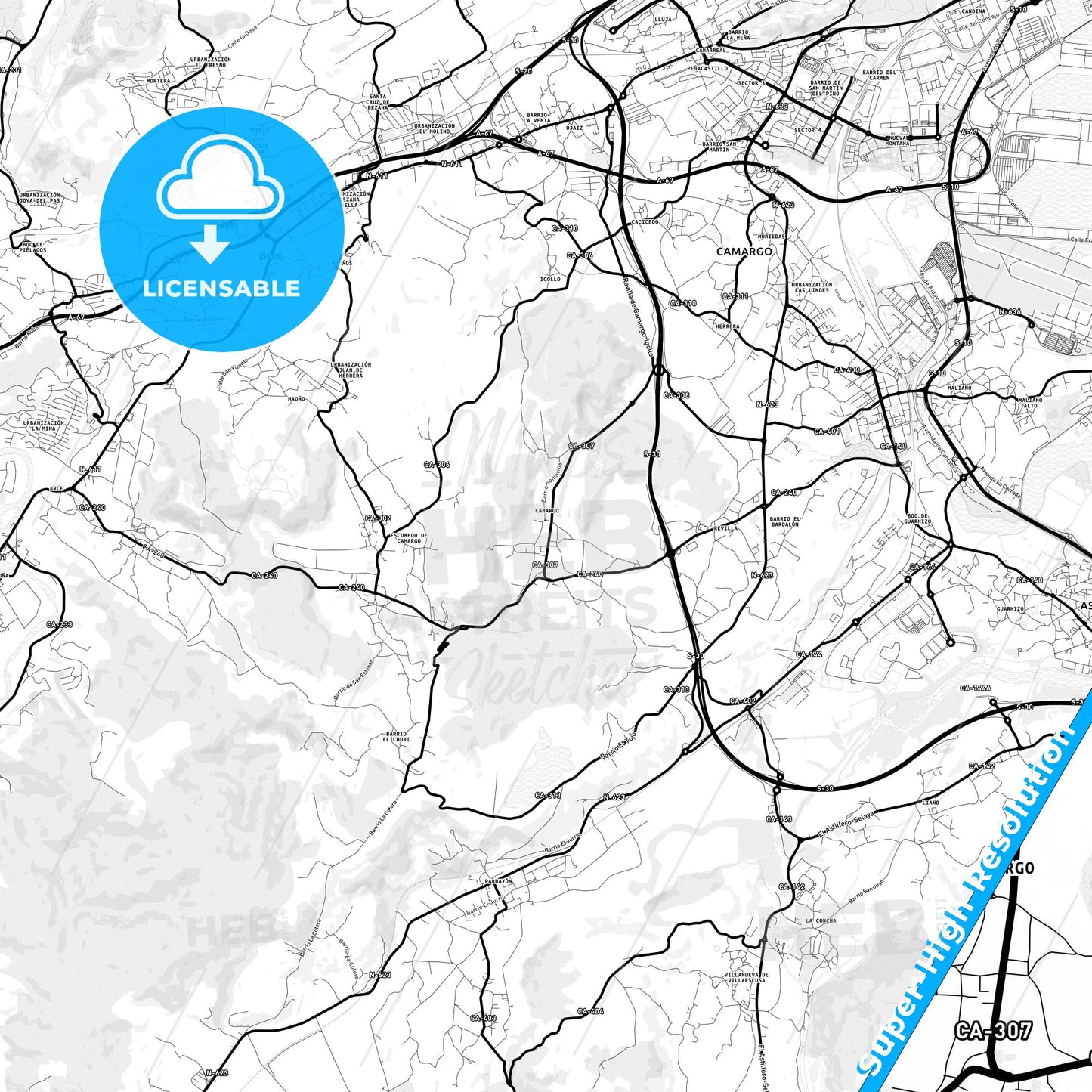 Camargo, Spain Light Map with Street Names, City Names, and Districts