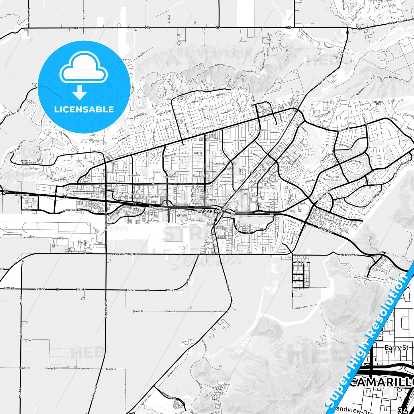 Camarillo, California Light Map with Street Names, City Names, and Districts