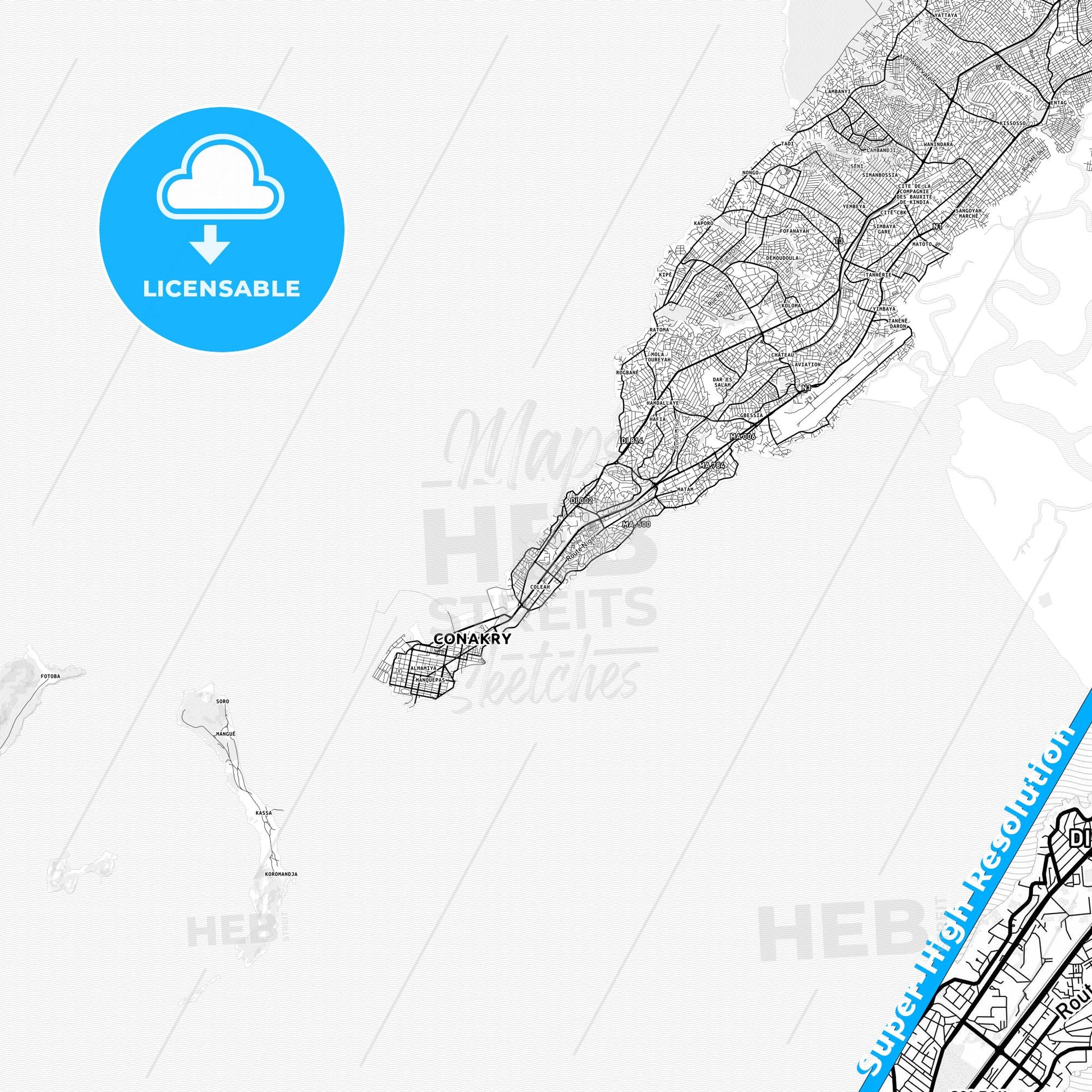 Camayenne, Guinea light map with streetnames, citynames and districts
