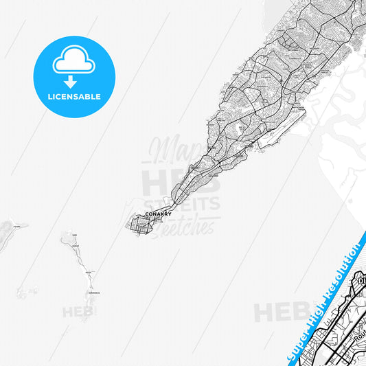 Camayenne, Guinea light map with streetnames, citynames and districts
