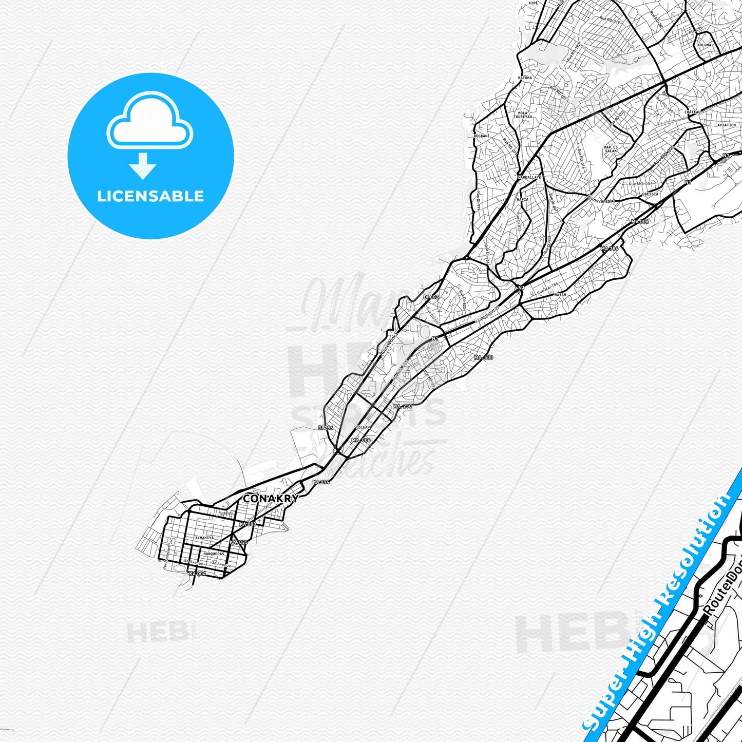 Camayenne, Guinea Light Map with Street Names, City Names, and Districts