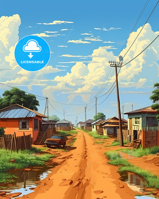 Cityscape Art Painting Vibrant Guinea Camayenne Skyline Dirt Road Houses Cars