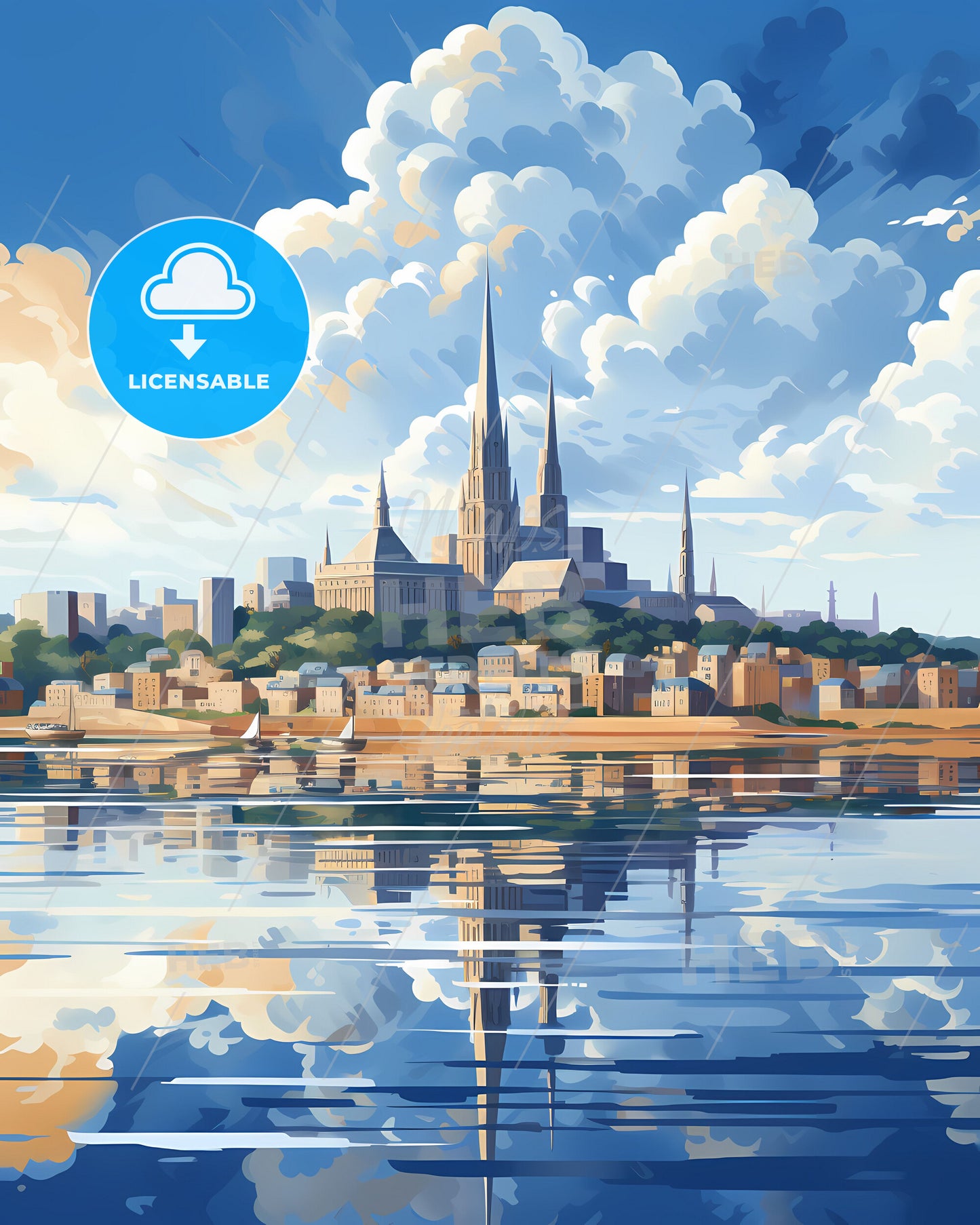 Vibrant Camayenne City Skyline Painting with Tall Spires and River