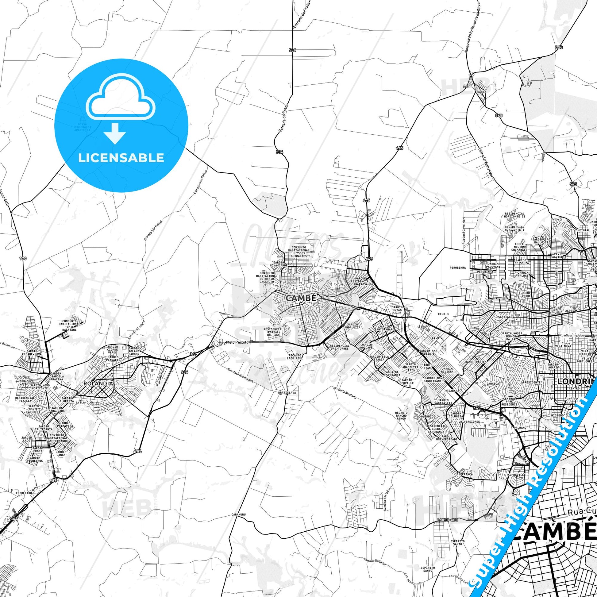 Cambe, Brazil light map with streetnames, citynames and districts