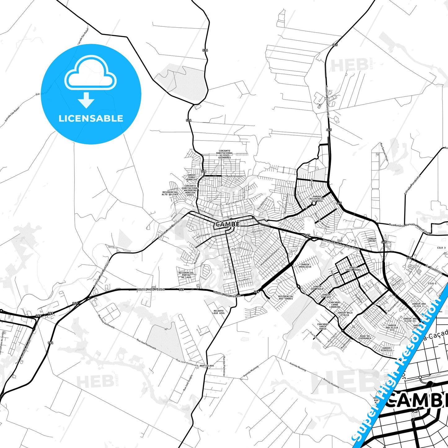Cambe, Brazil Light Map with Street Names, City Names, and Districts