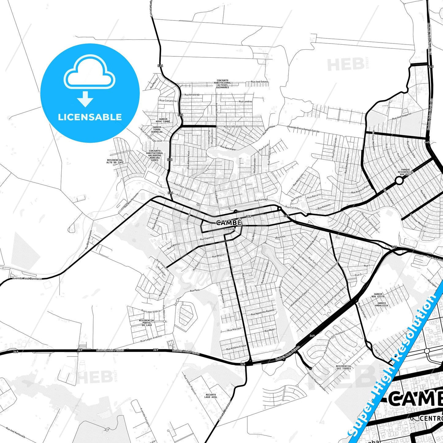 Cambe, Brazil Light Map with Street Names, City Names, and Districts