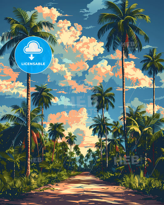 Vibrant Cambodian Roadside Painting Featuring Palm Trees and a Blue Sky in Southeast Asia Art