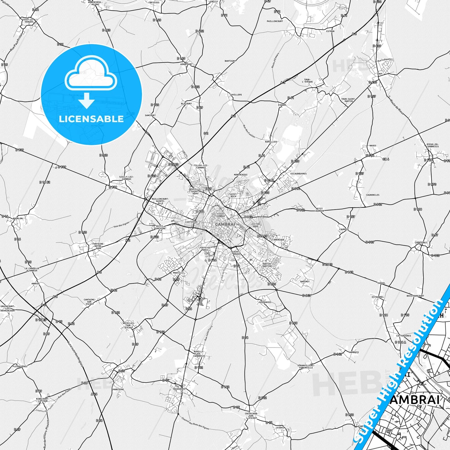 Cambrai, France light map with streetnames, citynames and districts