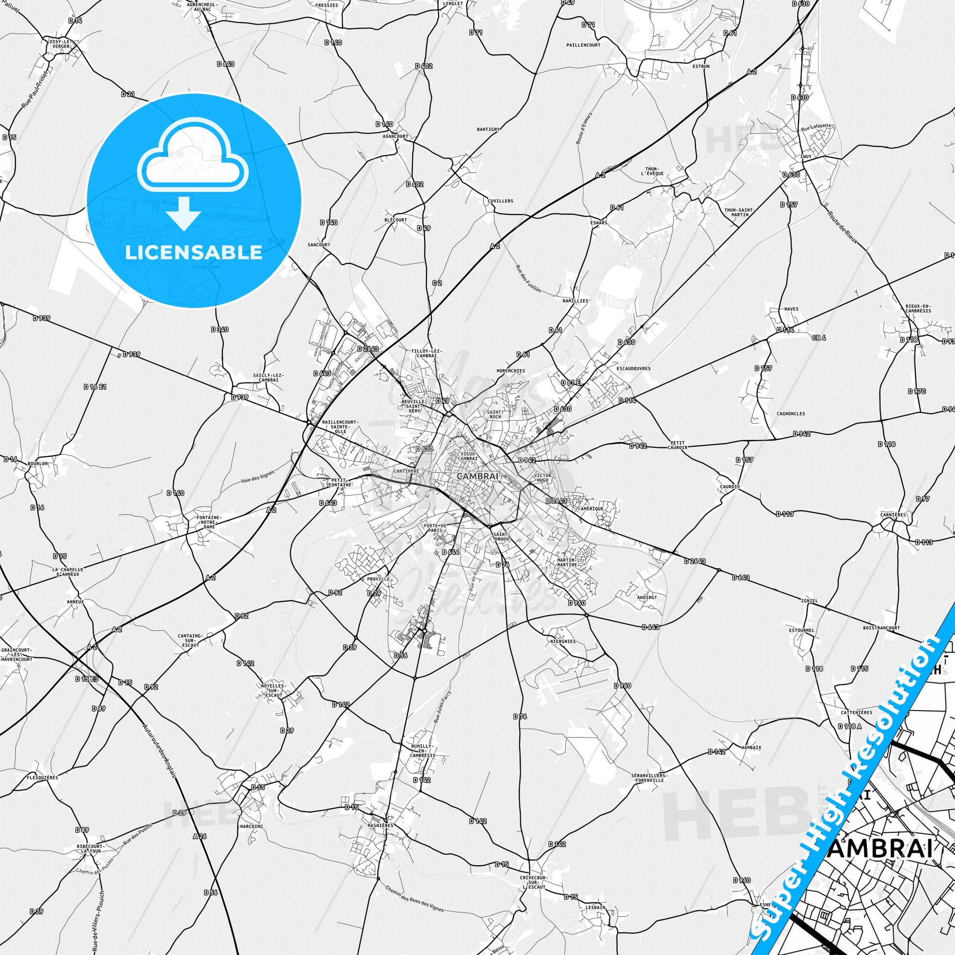 Cambrai, France light map with streetnames, citynames and districts