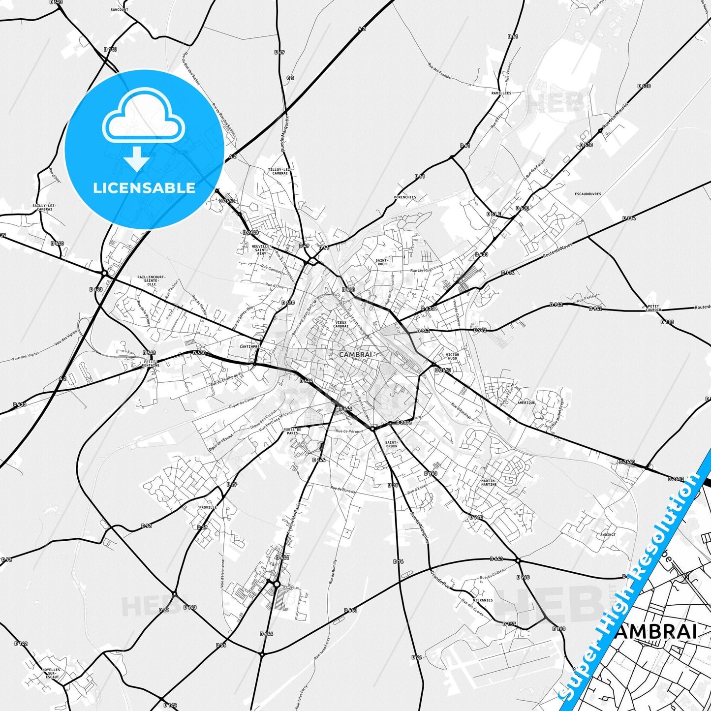Cambrai, France Light Map with Street Names, City Names, and Districts