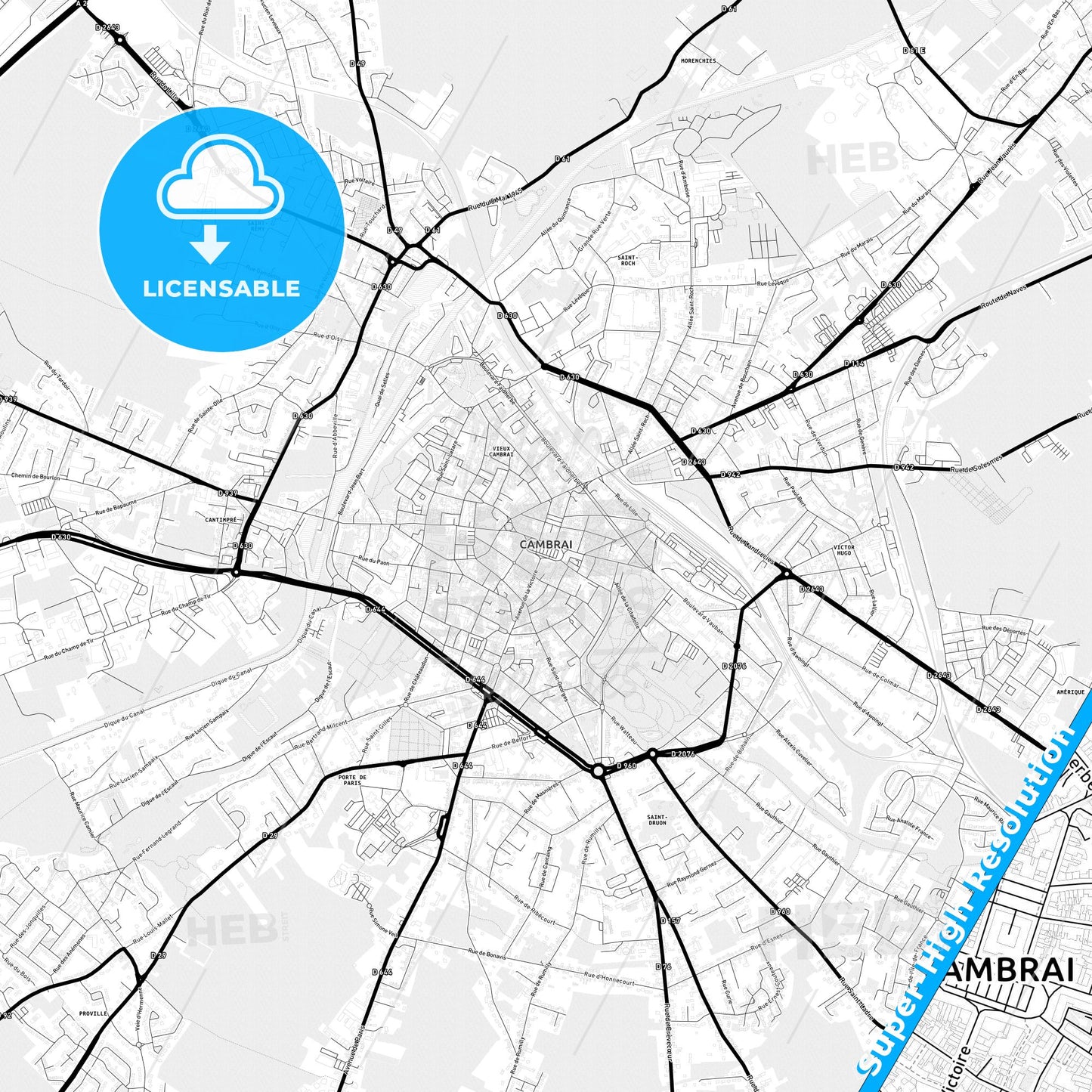 Cambrai, France Light Map with Street Names, City Names, and Districts
