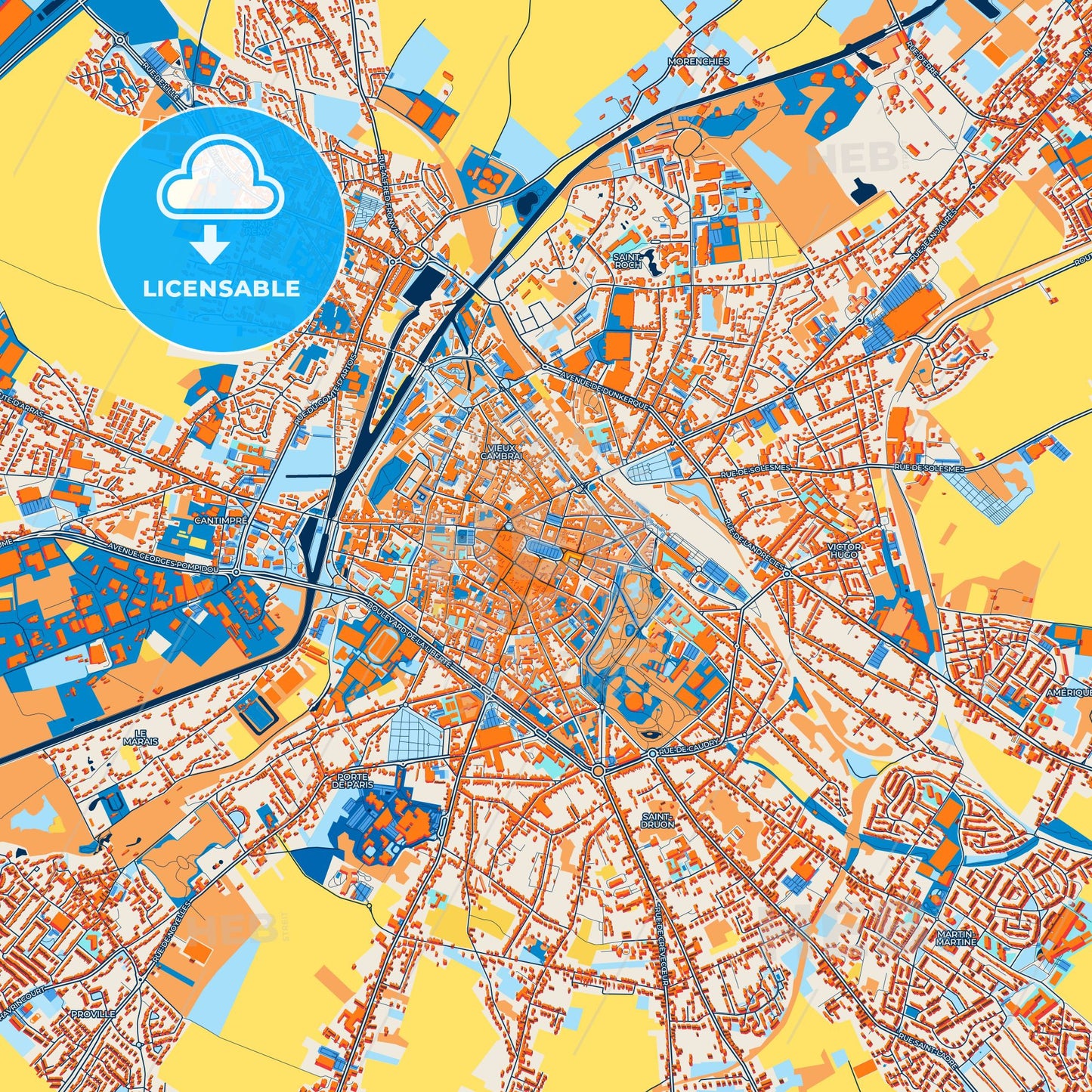 Colorful Cambrai Street Map with Labels and Buildings