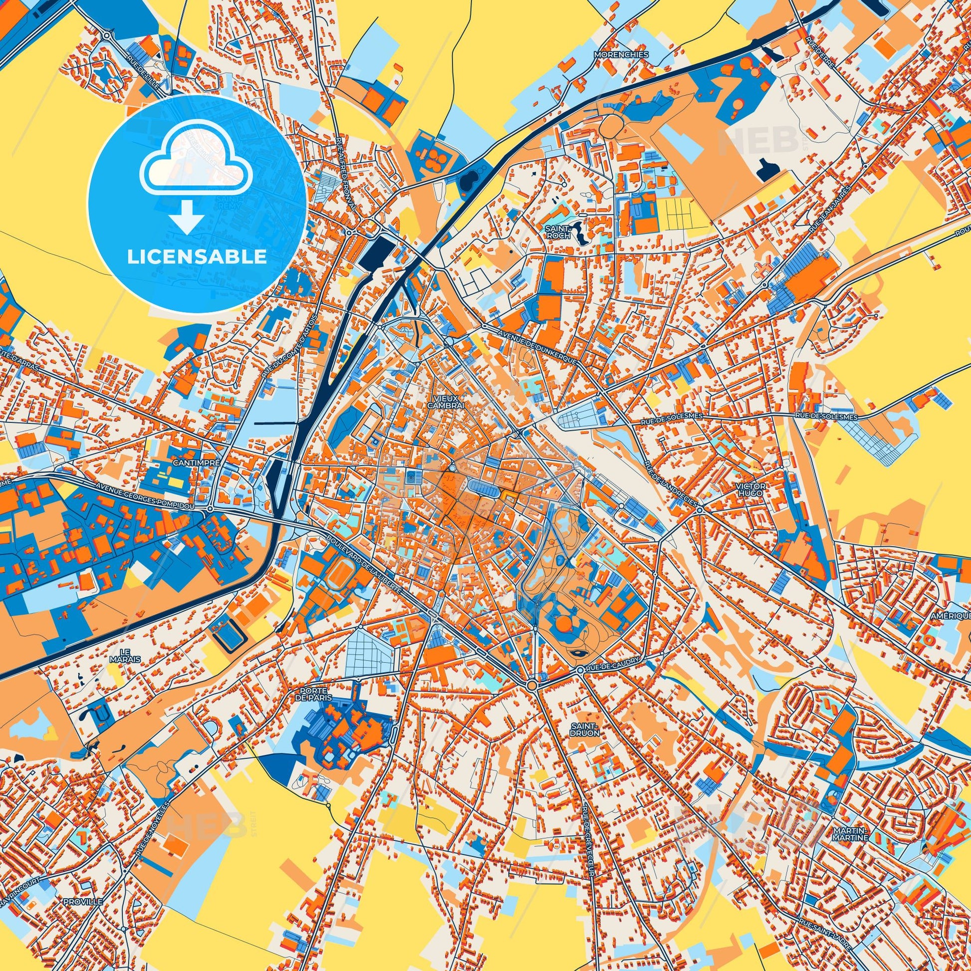 Colorful Cambrai Street Map with Labels and Buildings