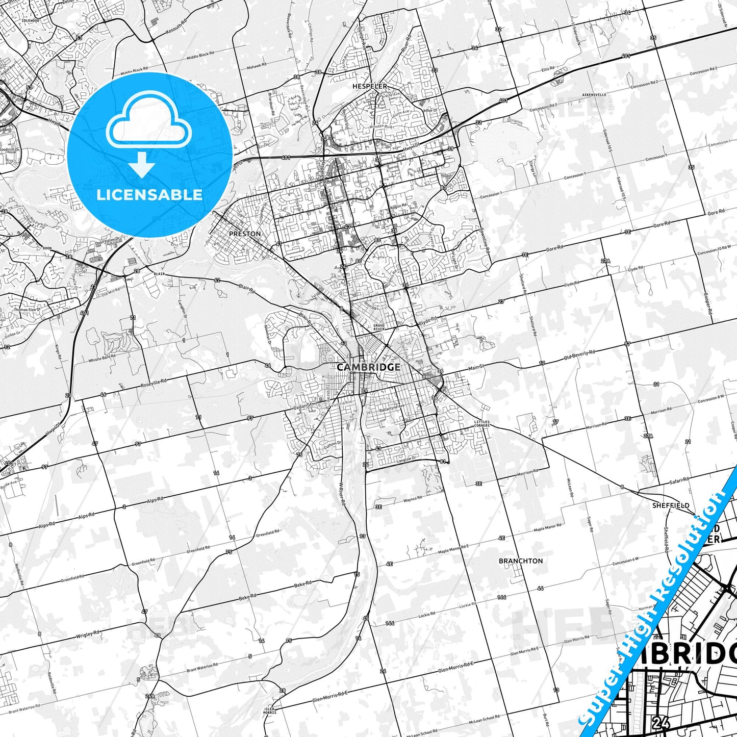 Cambridge, Canada light map with streetnames, citynames and districts