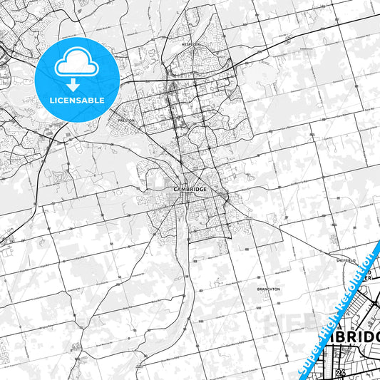 Cambridge, Canada light map with streetnames, citynames and districts