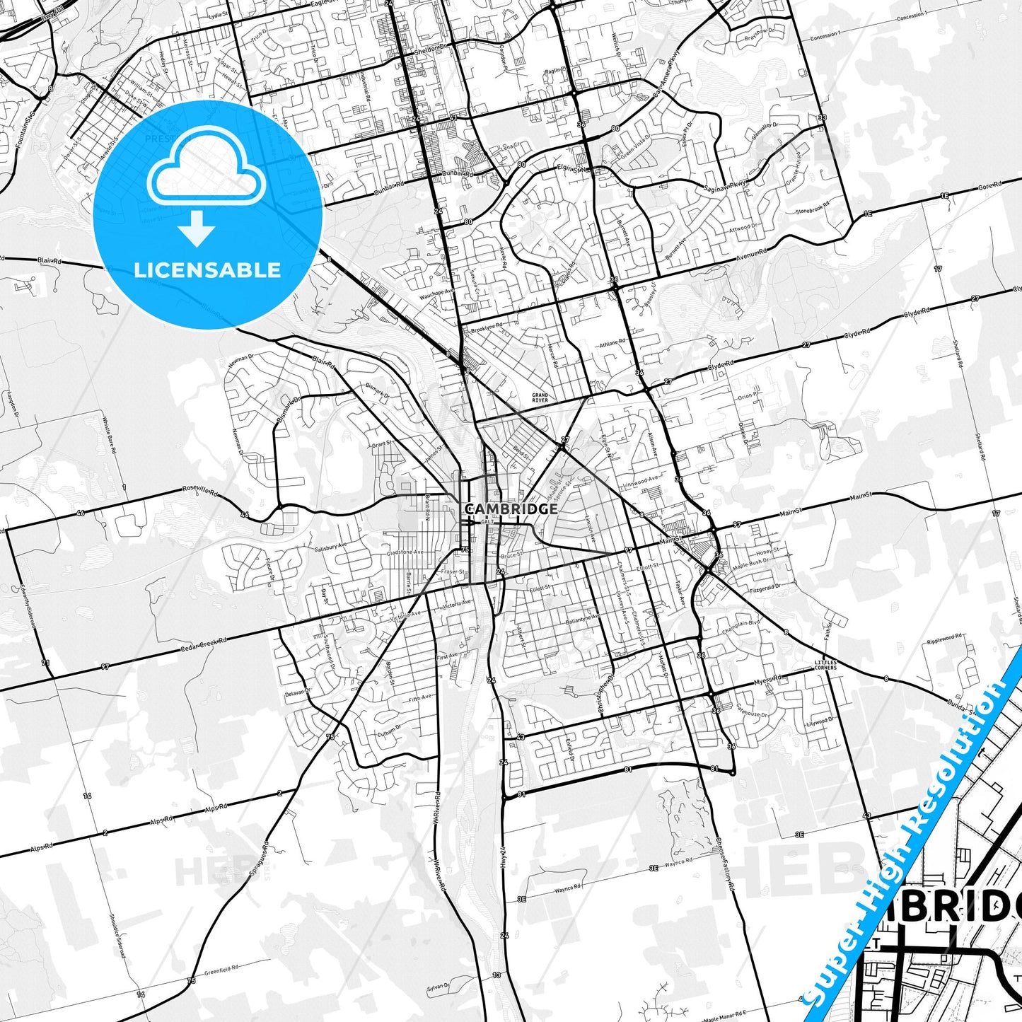 Cambridge, Canada Light Map with Street Names, City Names, and Districts