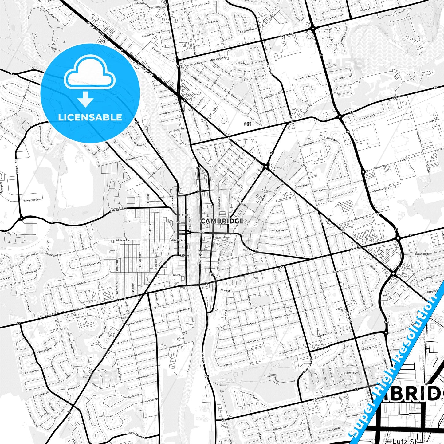 Cambridge, Canada Light Map with Street Names, City Names, and Districts