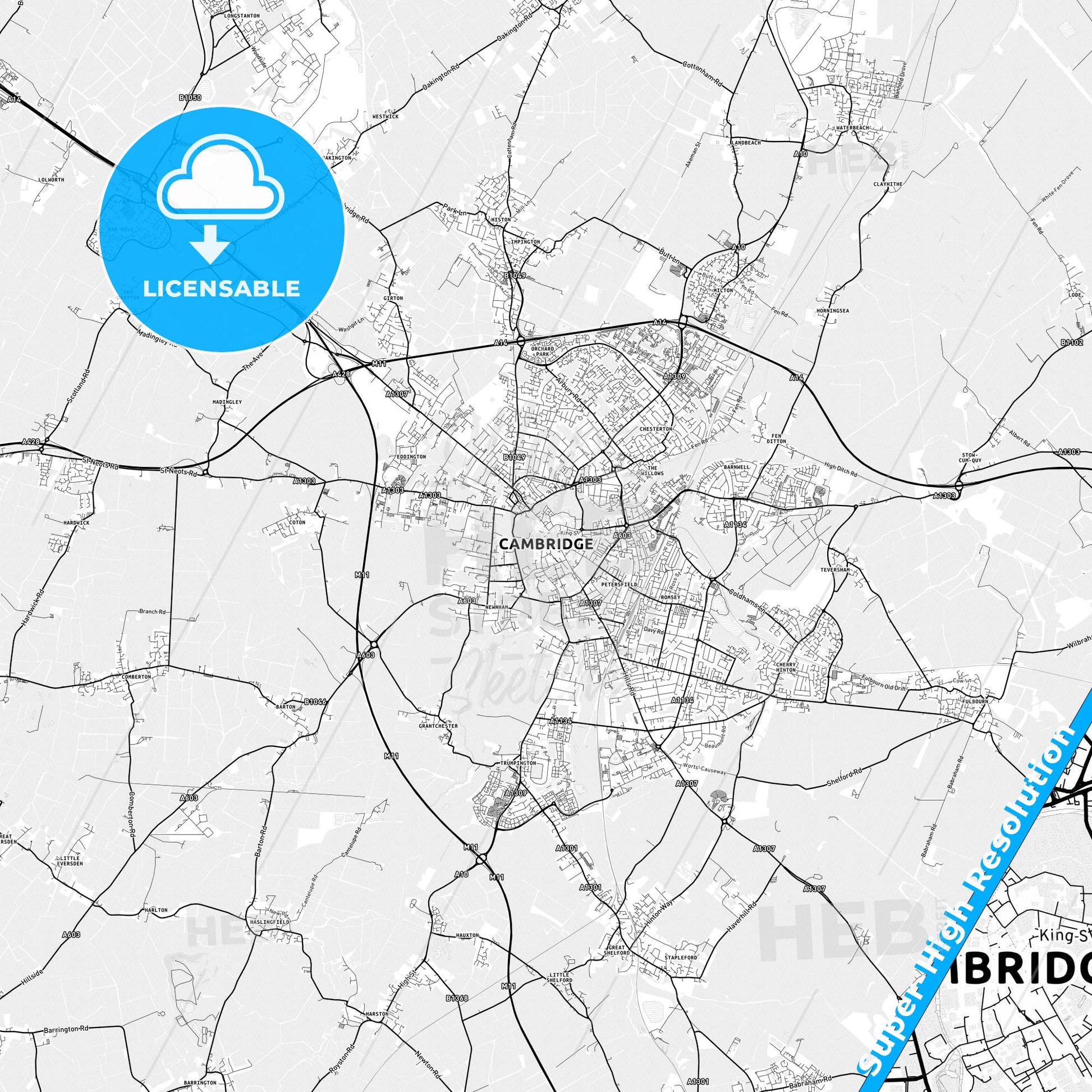 Cambridge, England light map with streetnames, citynames and districts