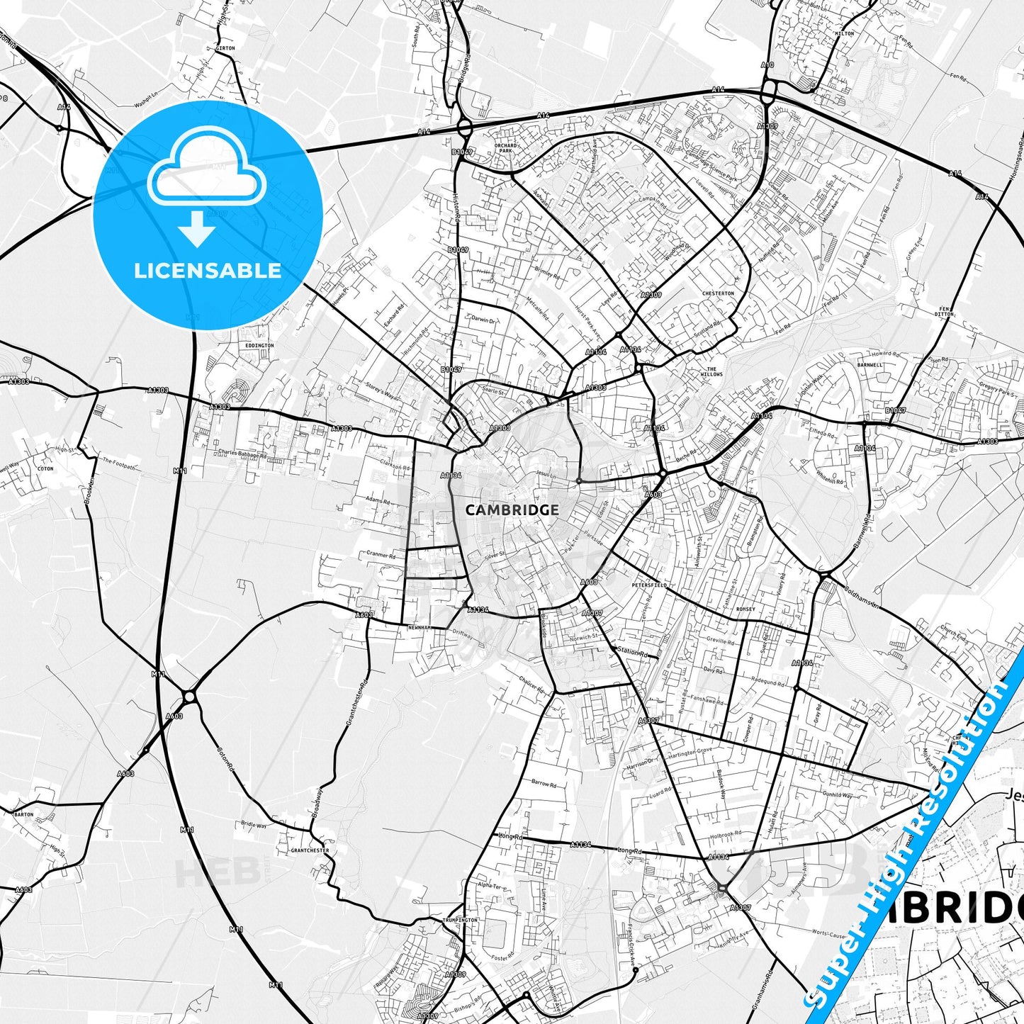 Cambridge, England Light Map with Street Names, City Names, and Districts