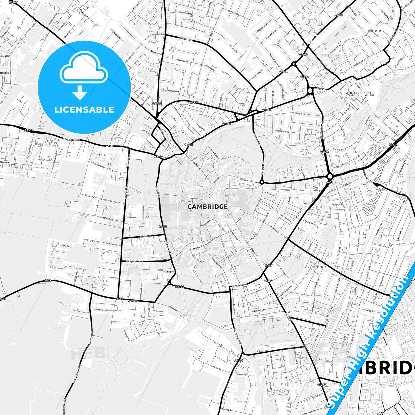 Cambridge, England Light Map with Street Names, City Names, and Districts