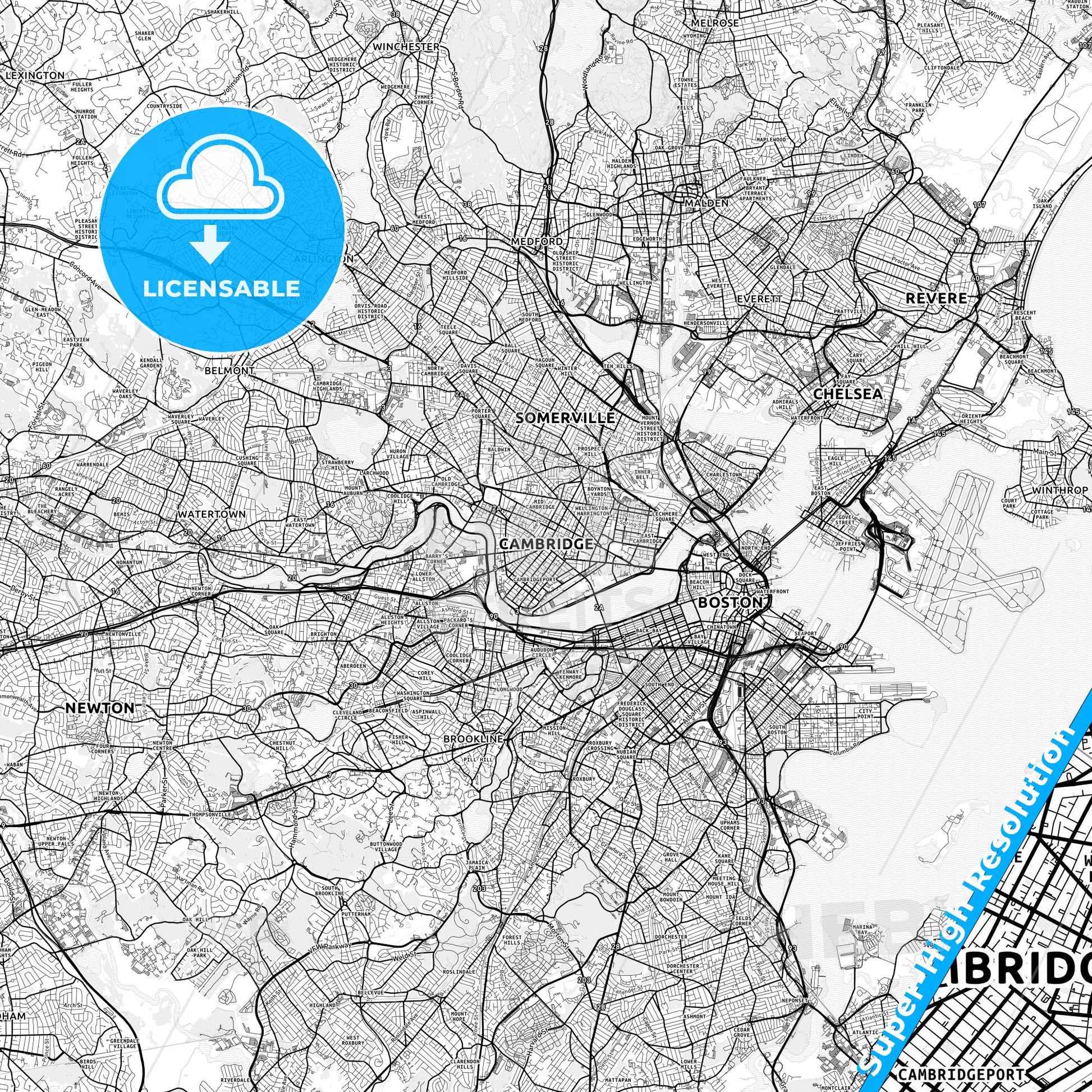 Cambridge, Massachusetts light map with streetnames, citynames and districts