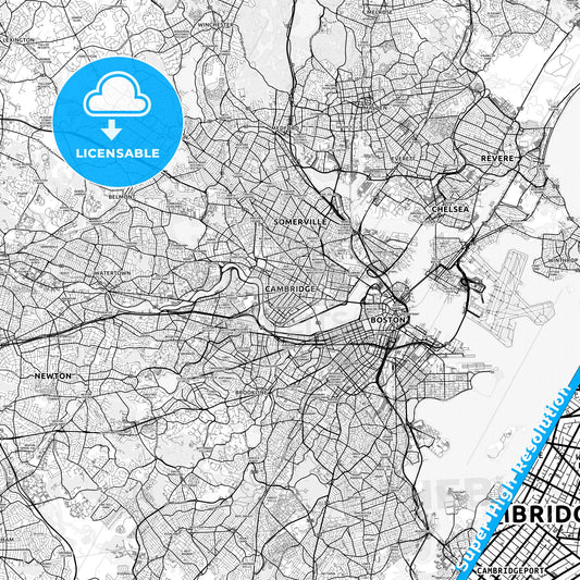 Cambridge, Massachusetts light map with streetnames, citynames and districts