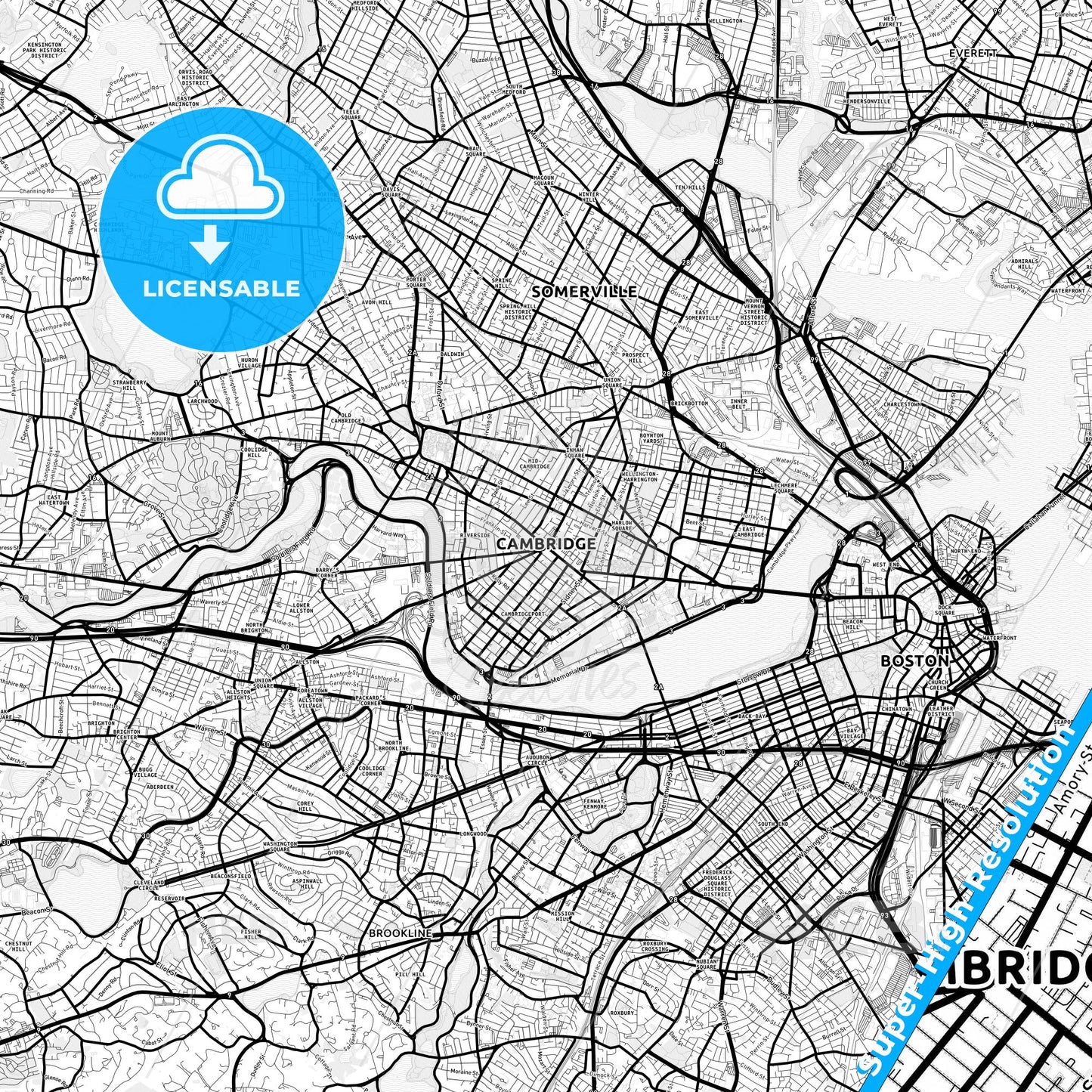 Cambridge, Massachusetts Light Map with Street Names, City Names, and Districts
