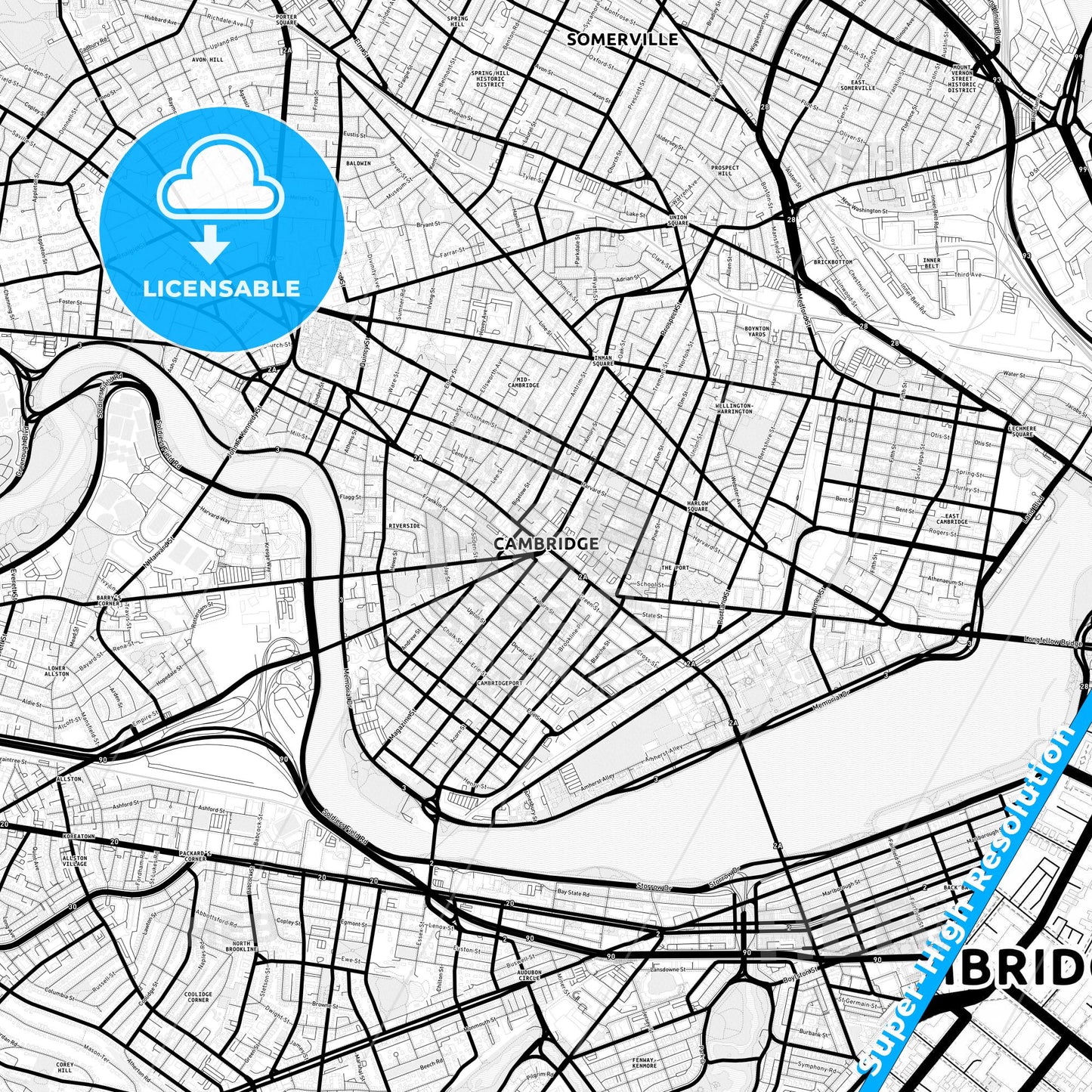 Cambridge, Massachusetts Light Map with Street Names, City Names, and Districts