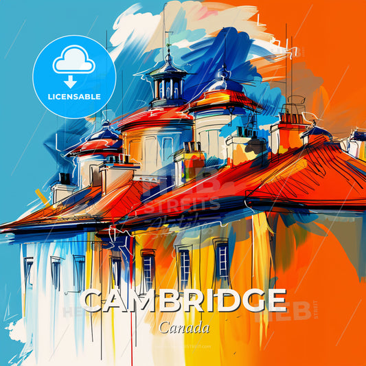 Vibrant Cambridge, Canada - A Painting Of A Building With A Red Roof - Square format print template