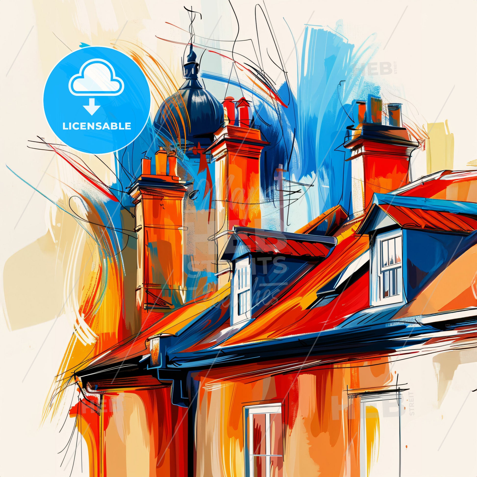 Vibrant Cambridge, England - A Painting Of A Building With Chimneys