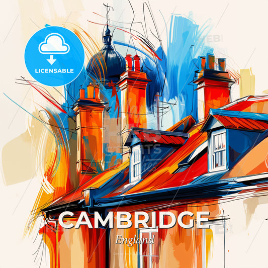 Vibrant Cambridge, England - A Painting Of A Building With Chimneys - Square format print template
