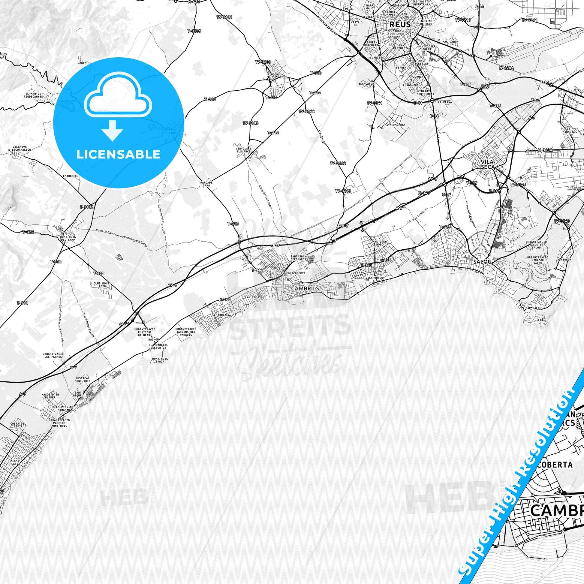 Cambrils, Spain light map with streetnames, citynames and districts