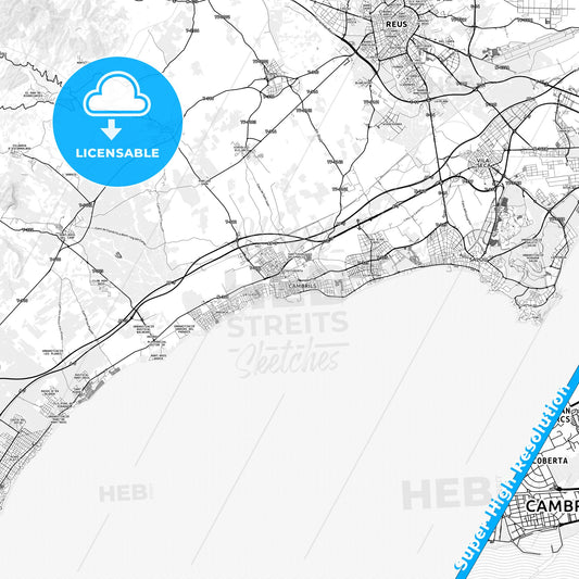 Cambrils, Spain light map with streetnames, citynames and districts