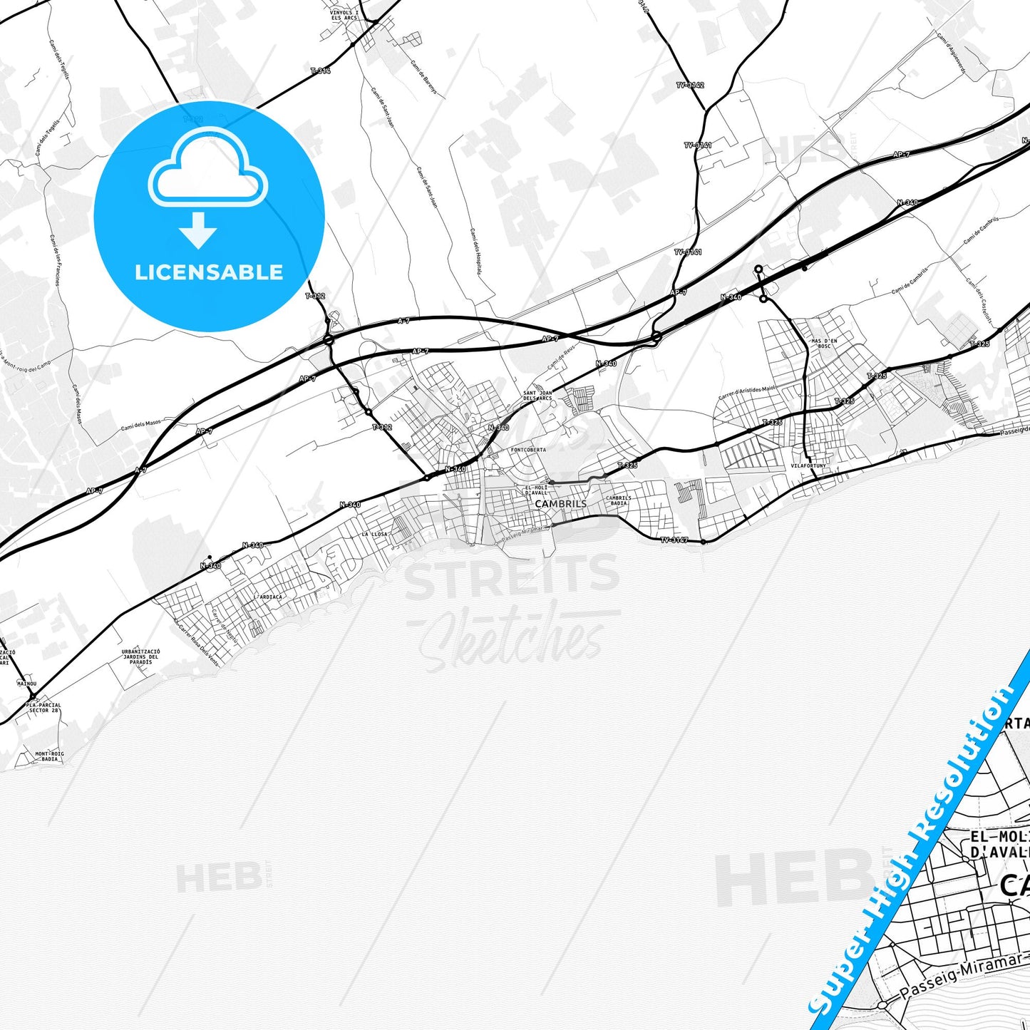 Cambrils, Spain Light Map with Street Names, City Names, and Districts