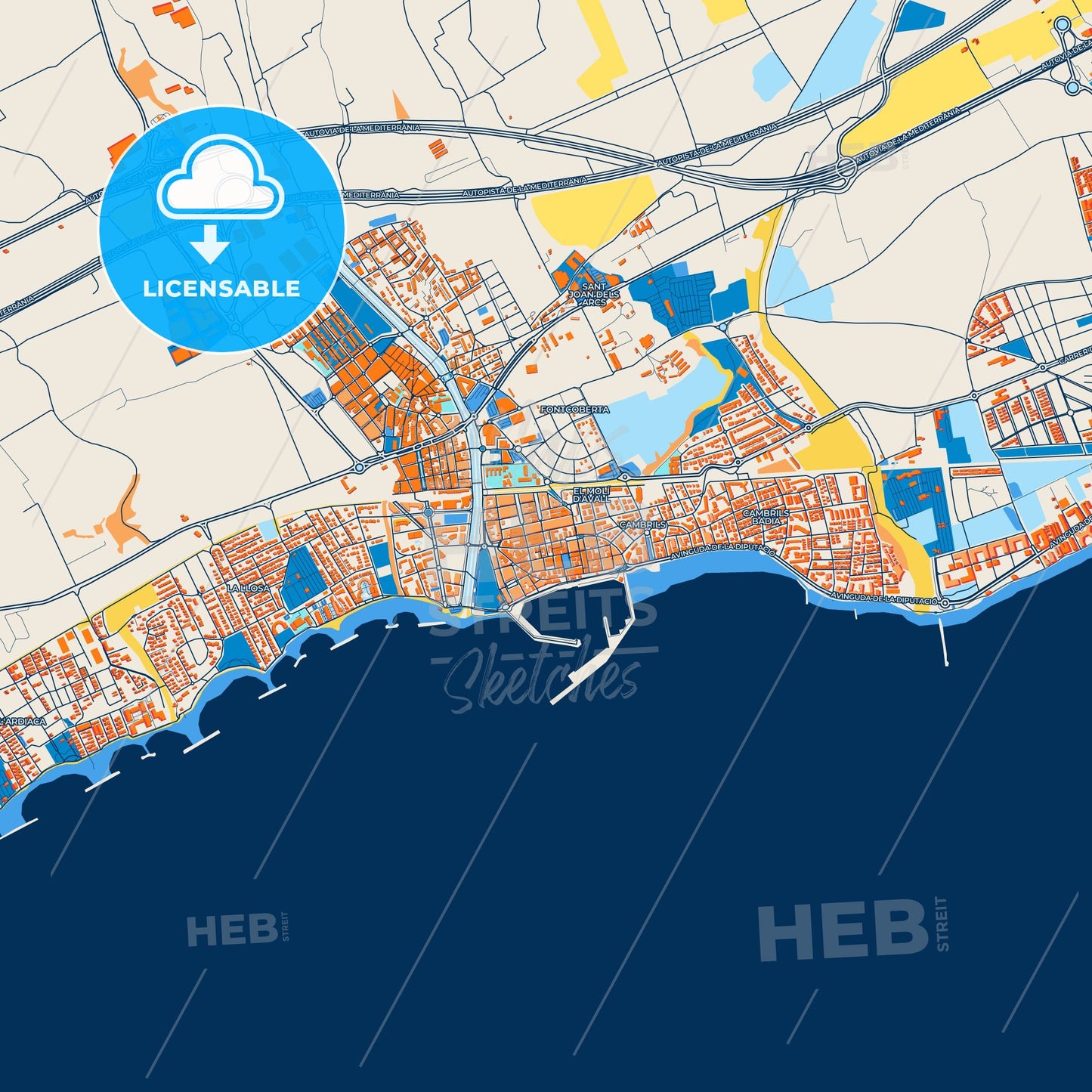 Colorful Cambrils Street Map with Labels and Buildings