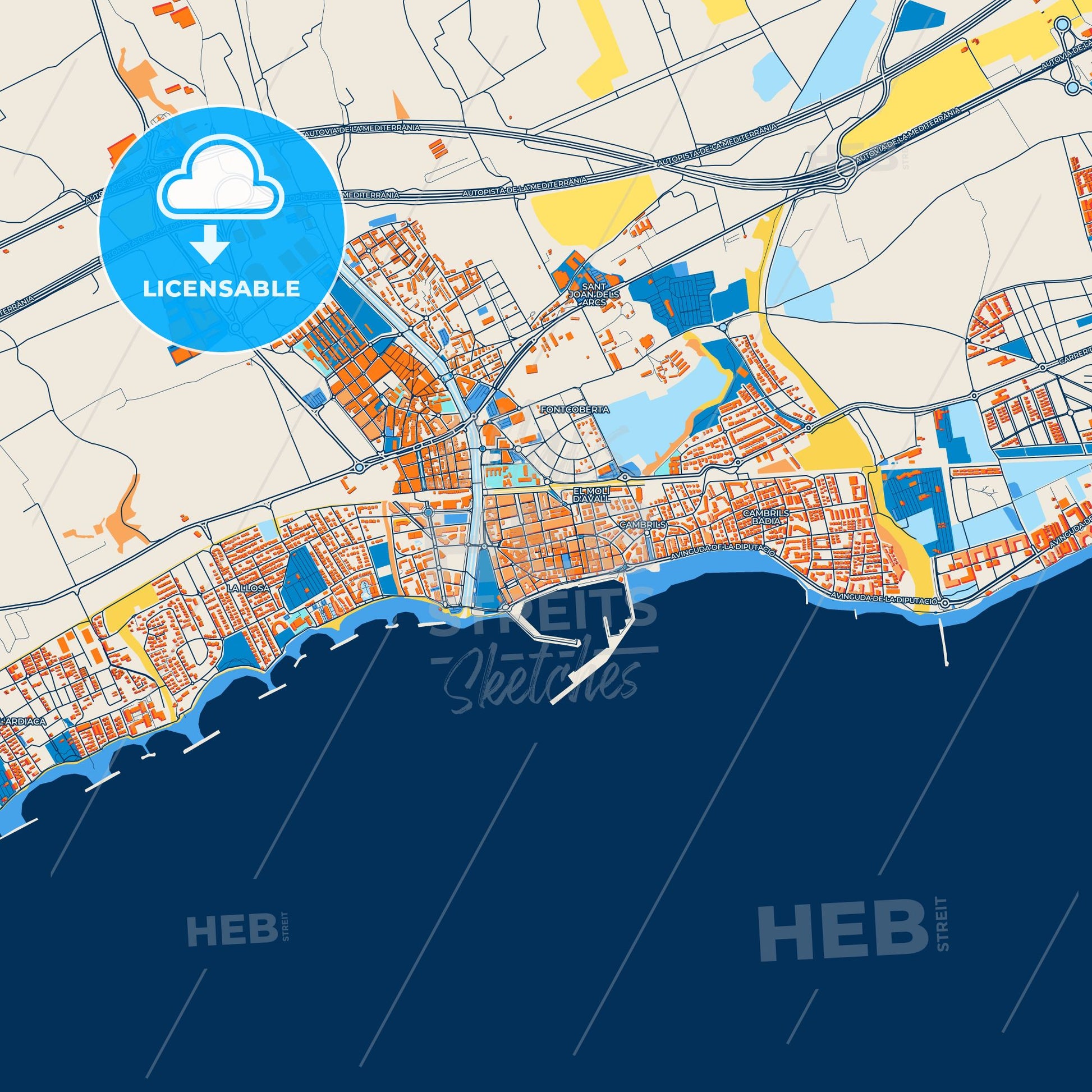 Colorful Cambrils Street Map with Labels and Buildings