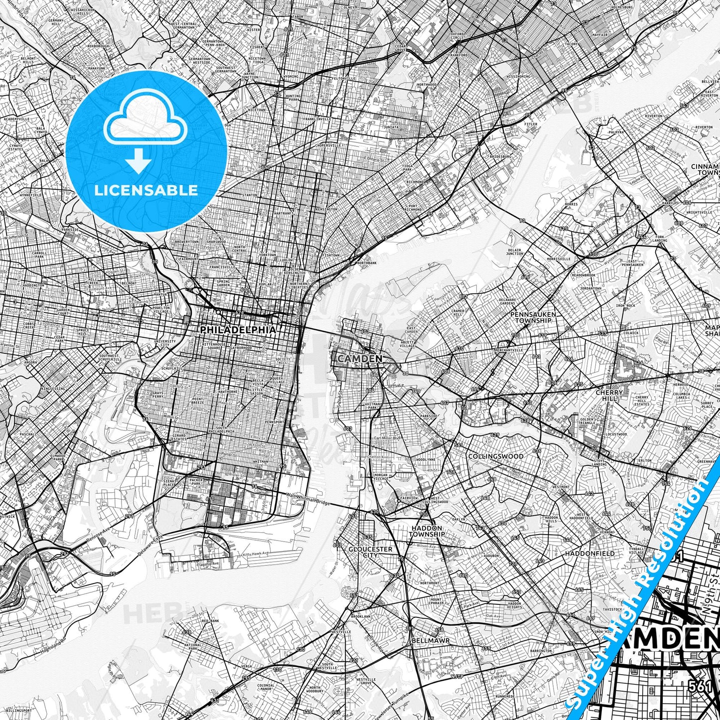Camden, New Jersey light map with streetnames, citynames and districts