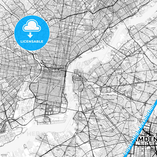 Camden, New Jersey light map with streetnames, citynames and districts