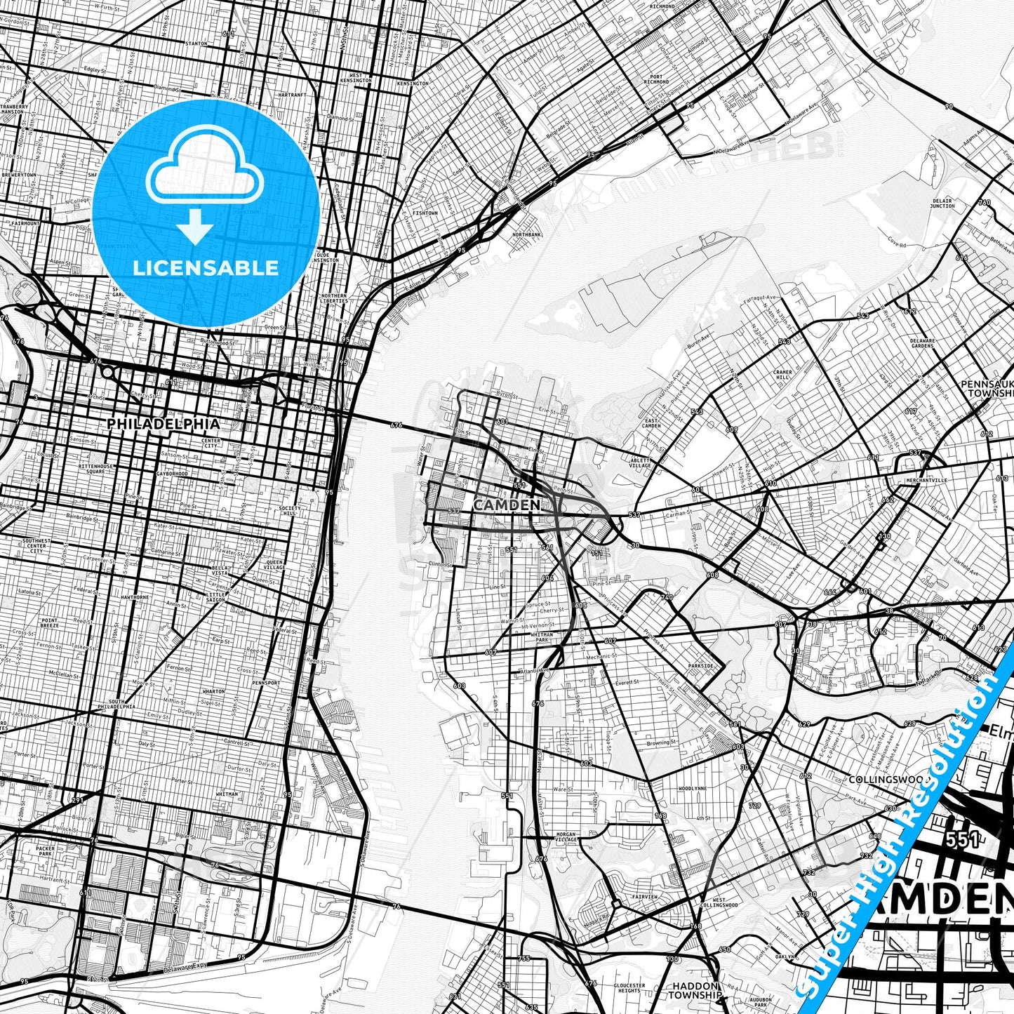 Camden, New Jersey Light Map with Street Names, City Names, and Districts