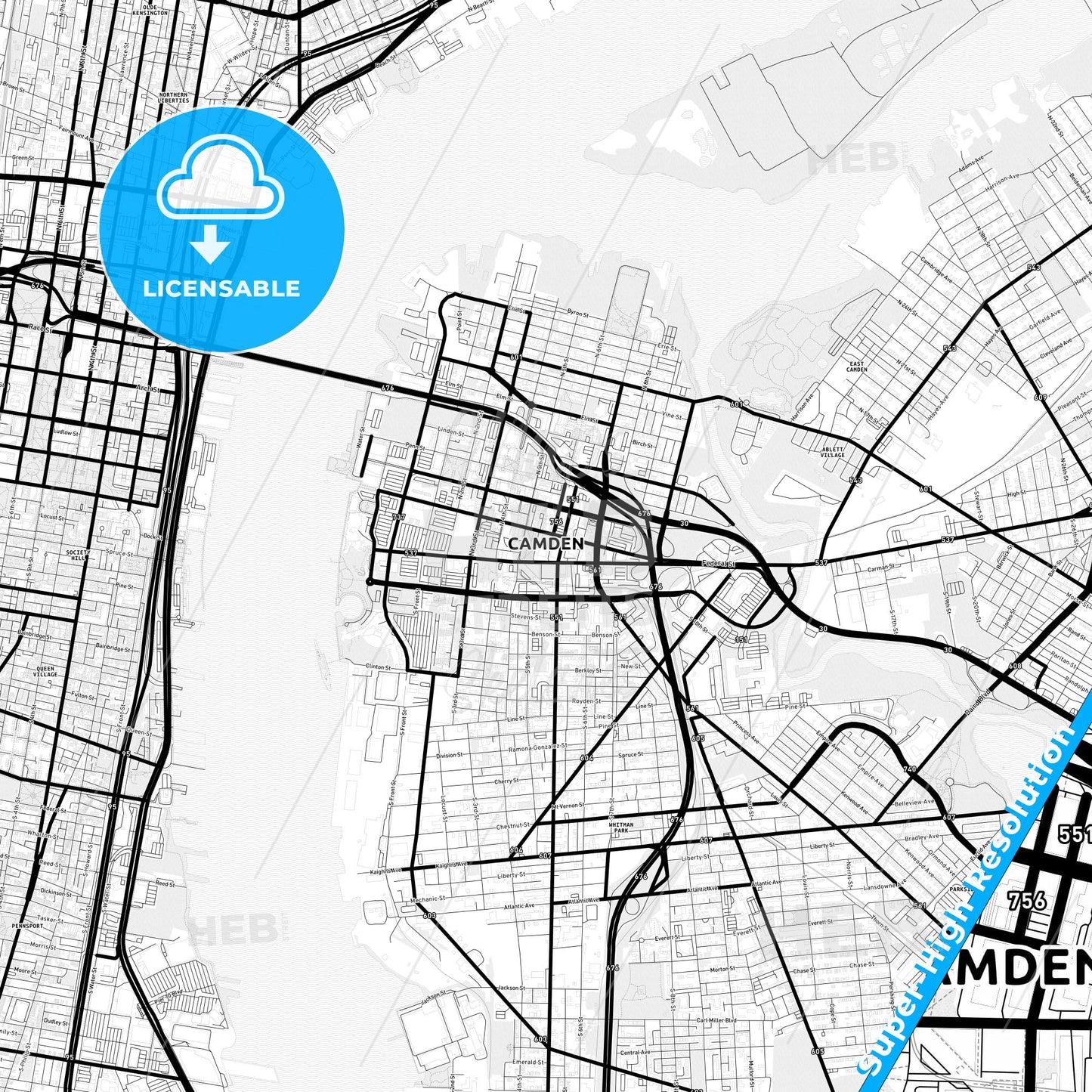 Camden, New Jersey Light Map with Street Names, City Names, and Districts