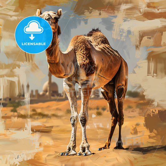 camel since it is going to be used as a gift product in a camel park - A camel standing in the desert