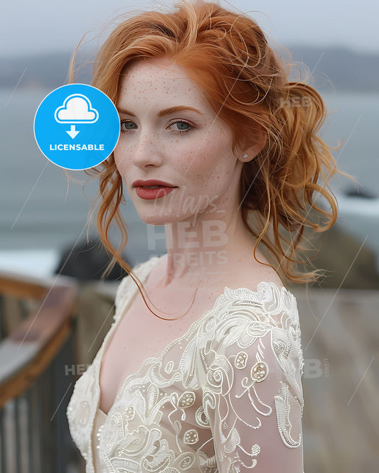 Ginger-haired woman with freckles looks out over the ocean, depicted in a vibrant painting with an artistic focus